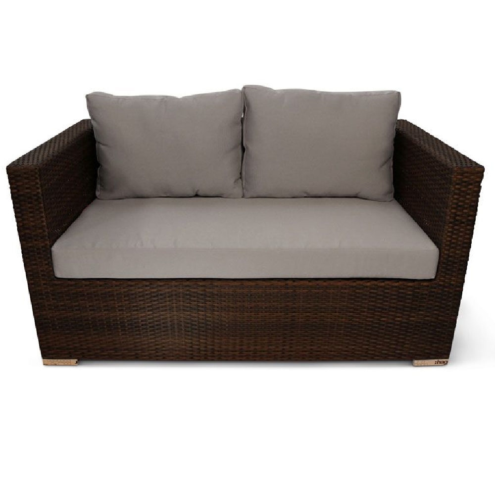 Arlo Rattan Outdoor 2 Seater Sofa With Light Grey Cushions In Brown