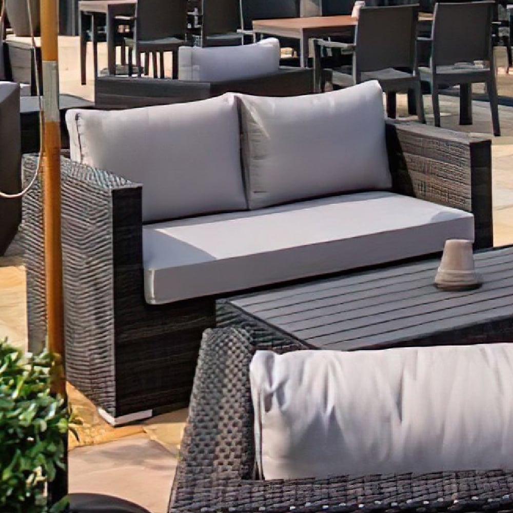 Arlo Rattan Outdoor 2 Seater Sofa With Light Grey Cushions In Brown Arlo Rattan Outdoor 2 Seater Sofa With Light Grey Cushions In Brown