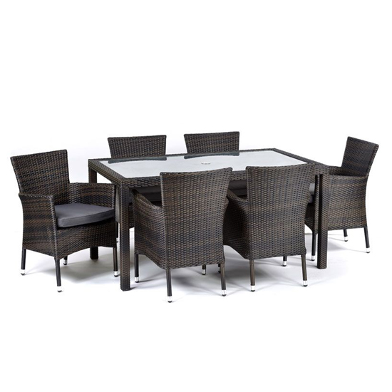 Read more about Arlo outdoor rattan dining table with 6 armchairs in black brown