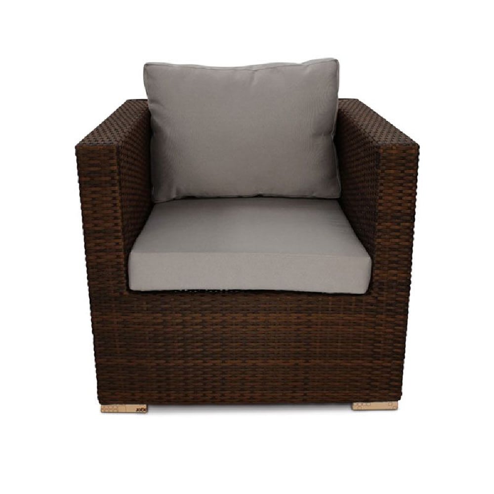 Product photograph of Arlo Rattan Sofa Arm Chair With Light Grey Cushions In Brown from Furniture in Fashion