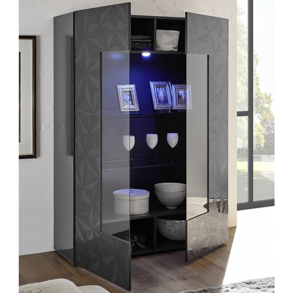 Arlon High Gloss Display Cabinet With 2 Doors In Grey And LED