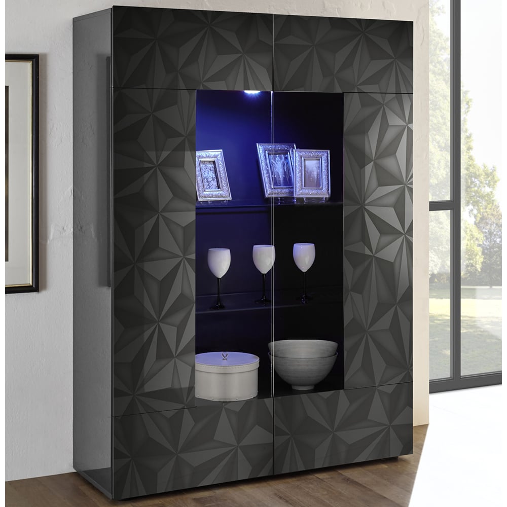 Arlon High Gloss Display Cabinet With 2 Doors In Grey And LED