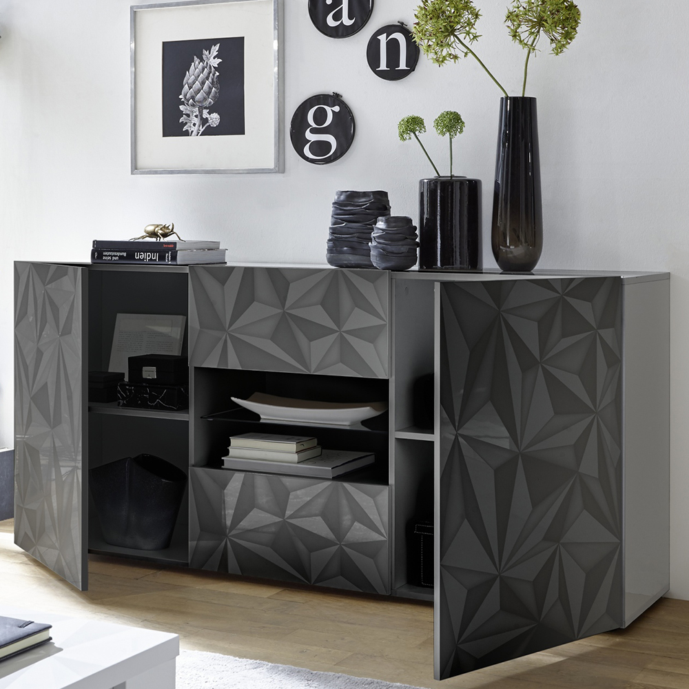 Arlon High Gloss Sideboard With 2 Doors 2 Drawers In Grey
