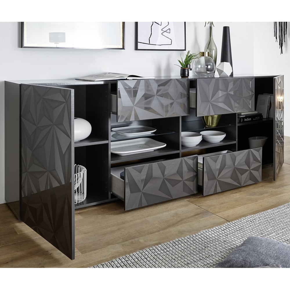 Arlon High Gloss Sideboard With 2 Doors 4 Drawers In Grey And LED
