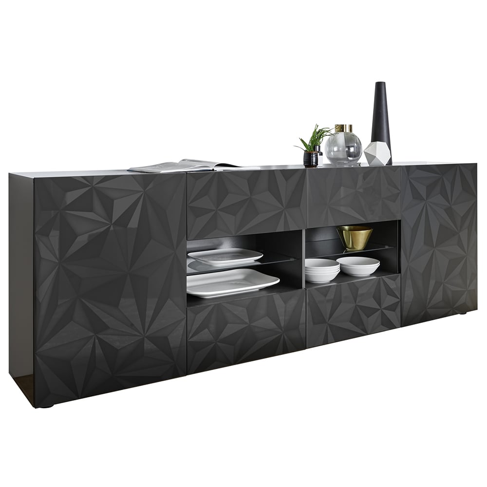 Arlon High Gloss Sideboard With 2 Doors 4 Drawers In Grey And LED