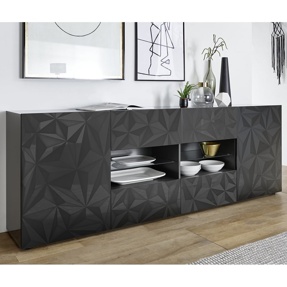 Arlon High Gloss Sideboard With 2 Doors 4 Drawers In Grey And LED