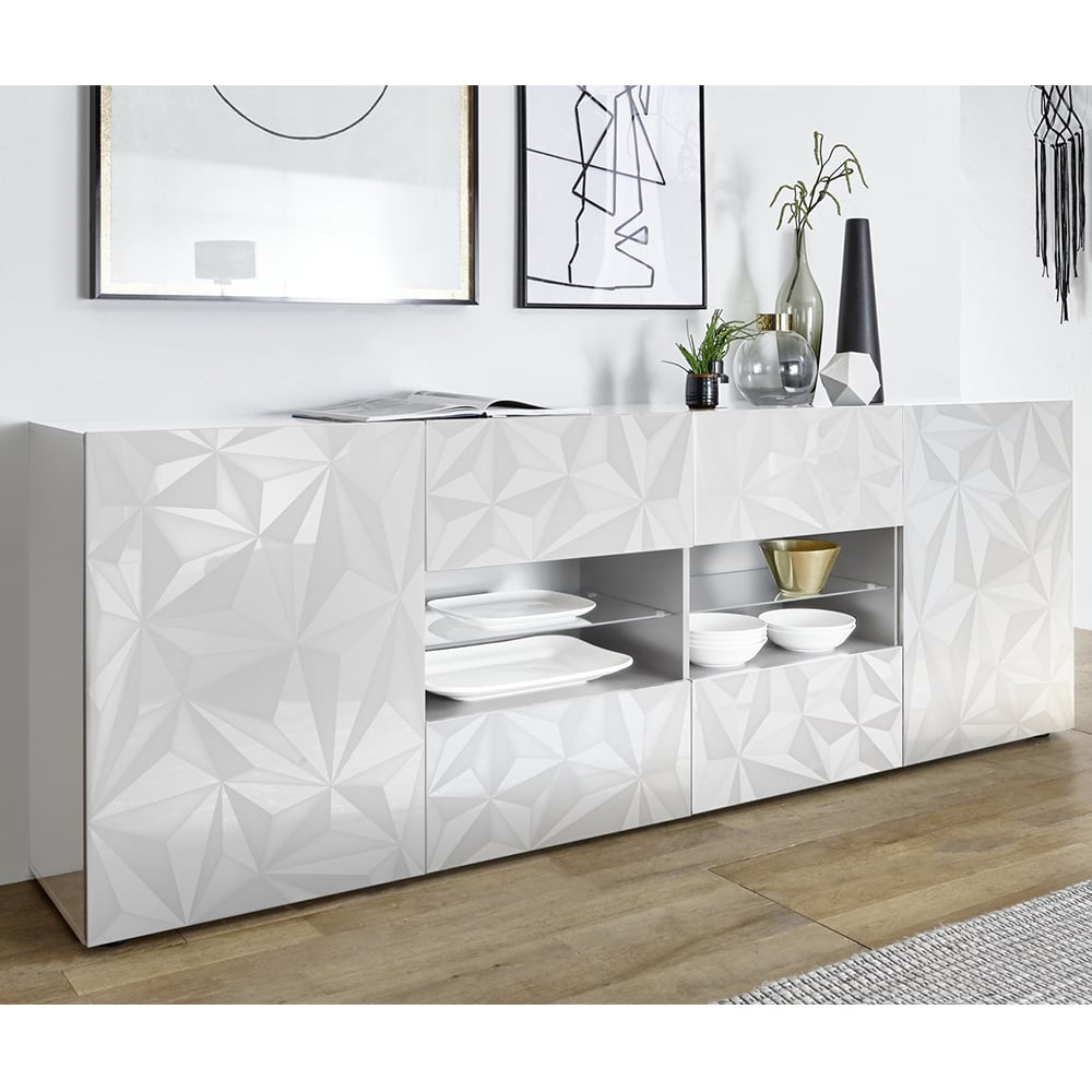Arlon High Gloss Sideboard With 2 Doors 4 Drawers In White And LED