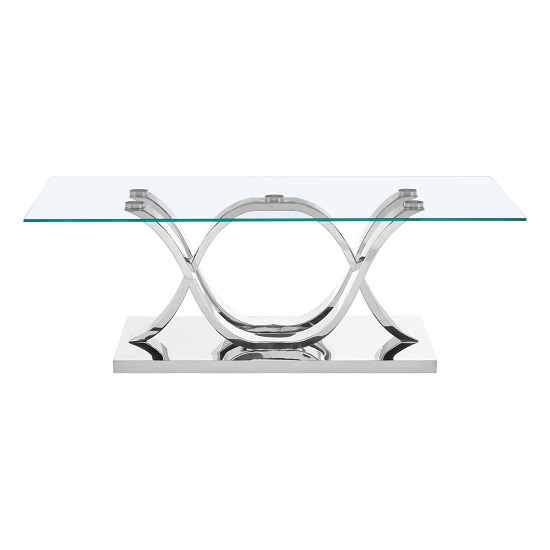 Product photograph of Armanda Glass Coffee Table With Curved Stainless Steel Base from Furniture in Fashion