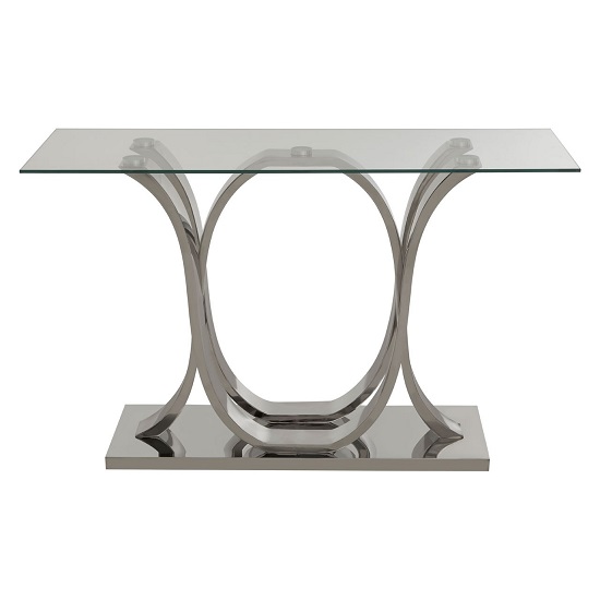 Product photograph of Armanda Glass Console Table With Curved Stainless Steel Base from Furniture in Fashion