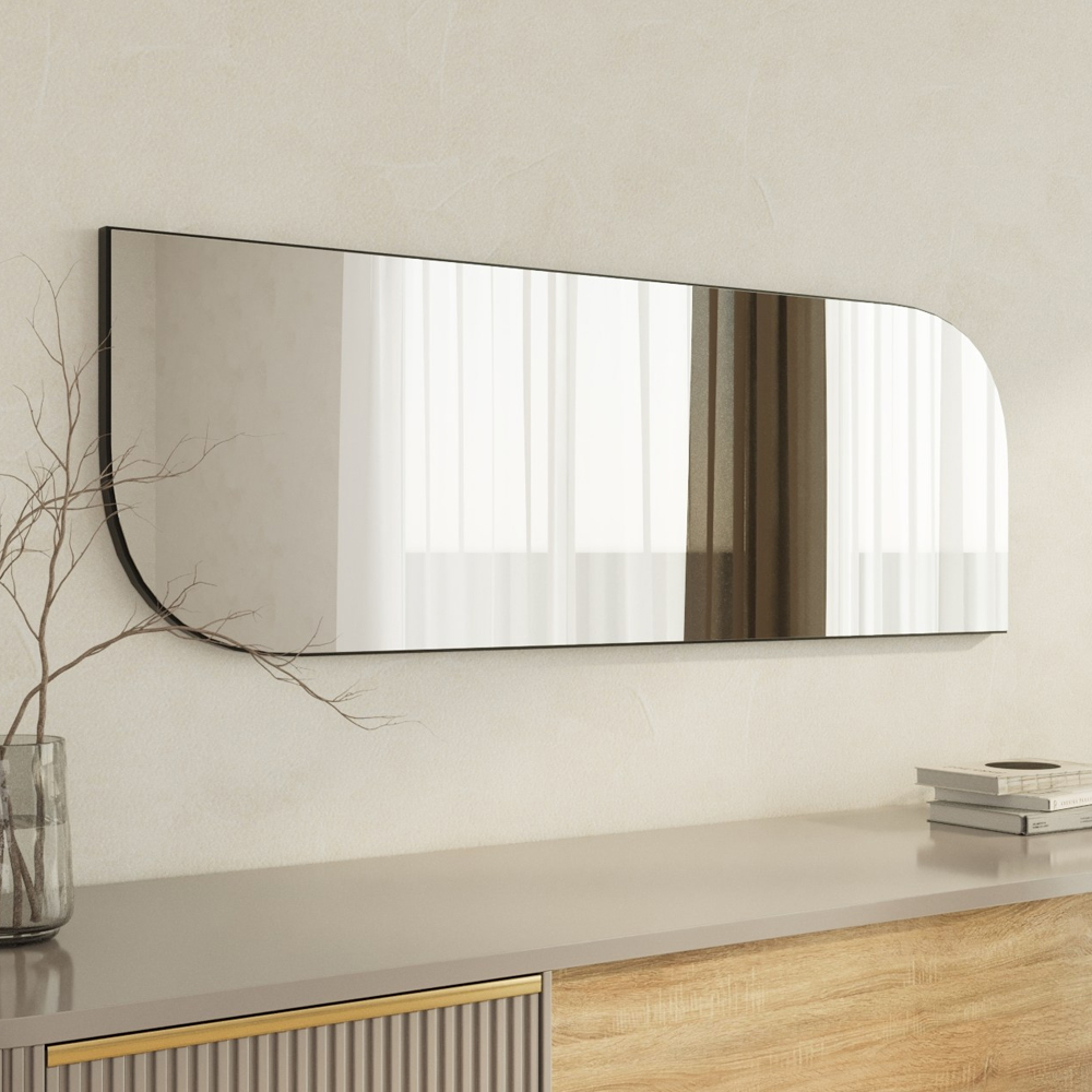 Arni Wooden Arch Wall Mirror with Black Slim Asymmetric Frame