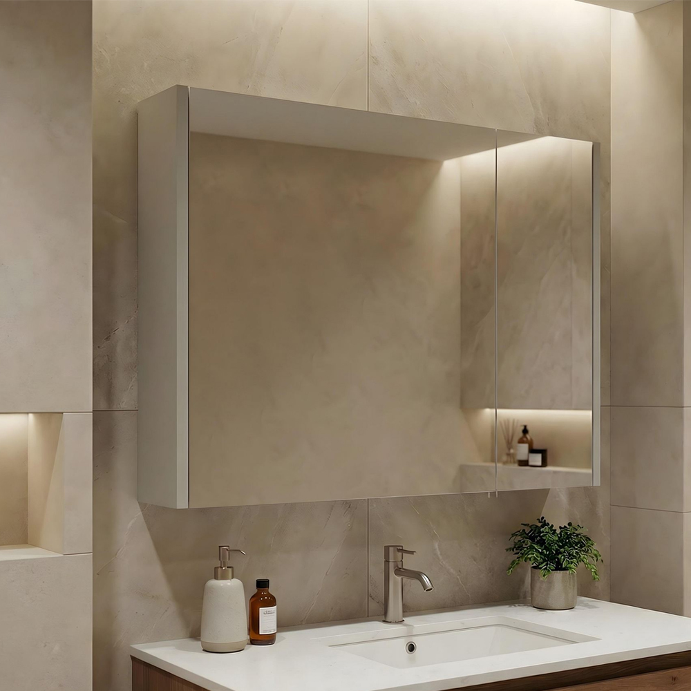Arno Large Wooden Wall Mounted Bathroom Mirror Cabinet in Cashmere