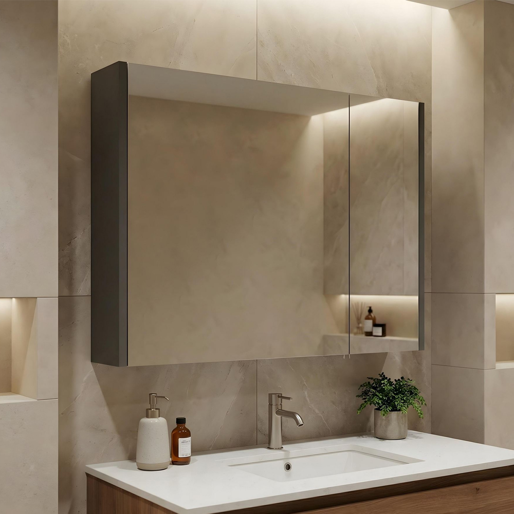 Arno Large Wooden Wall Mounted Bathroom Mirror Cabinet in Grey and Anthracite
