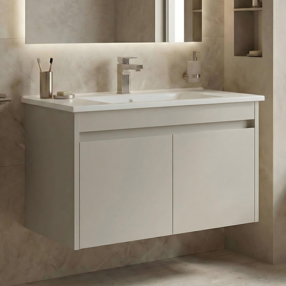 Arno Large Wooden Wall Mounted Vanity Unit with 2 Doors in Cashmere