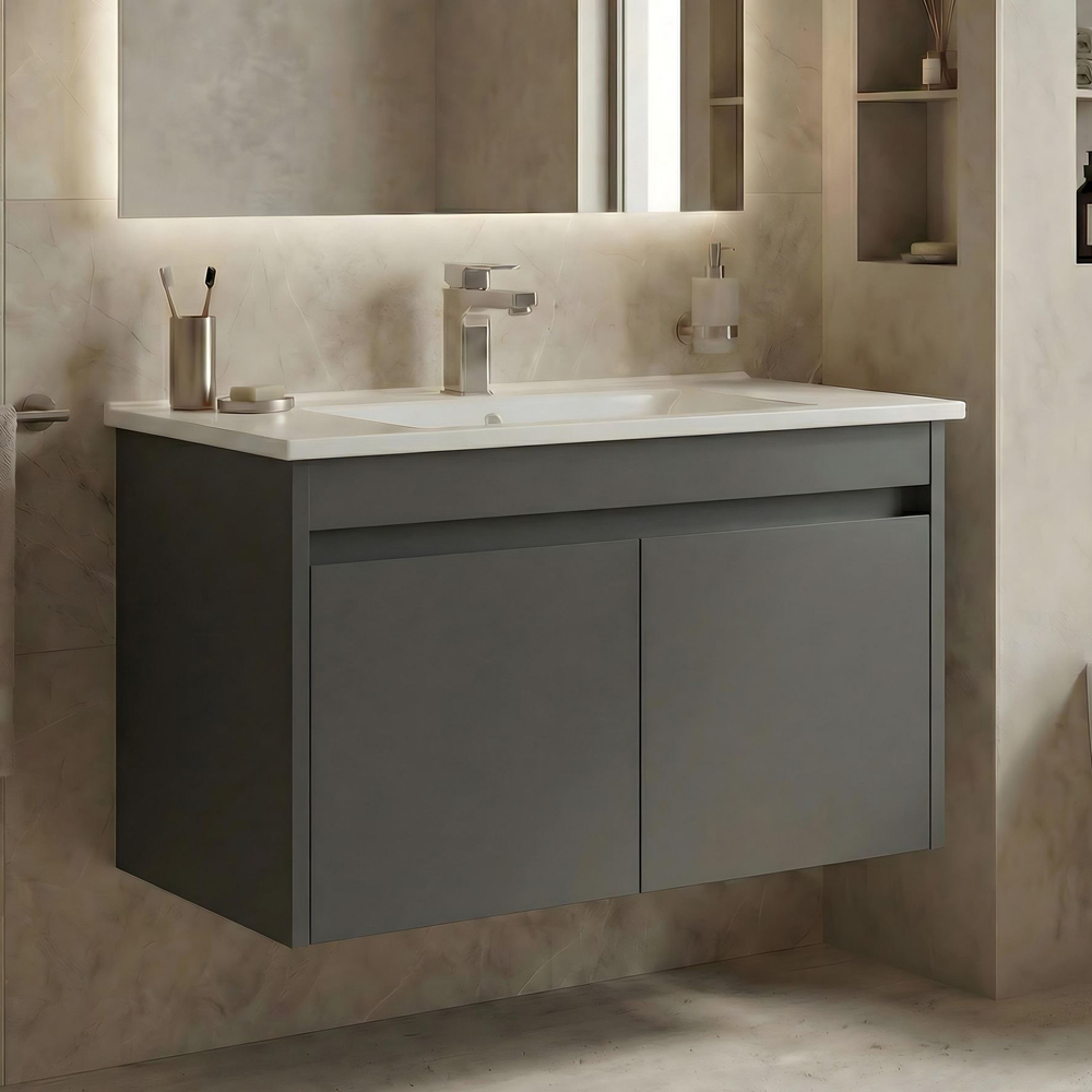 Arno Large Wooden Wall Mounted Vanity Unit with 2 Doors in Grey
