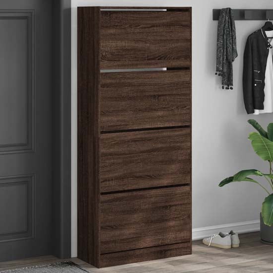 Product photograph of Arosa Wooden Shoe Storage Cabinet 4 Flip-drawers In Brown Oak from Furniture in Fashion