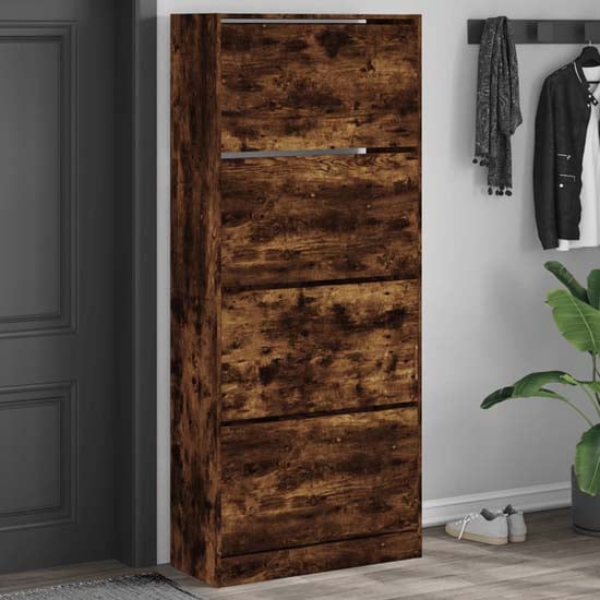 Product photograph of Arosa Wooden Shoe Storage Cabinet 4 Flip-drawers In Smoked Oak from Furniture in Fashion
