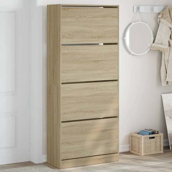 Product photograph of Arosa Wooden Shoe Storage Cabinet 4 Flip-drawers In Sonoma Oak from Furniture in Fashion
