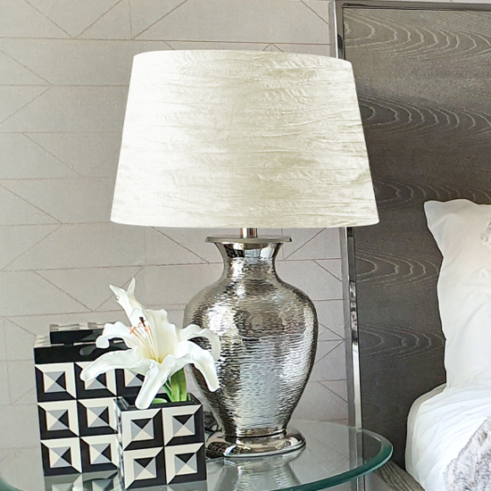 Photo of Arrow drum-shaped white shade table lamp with nickel base
