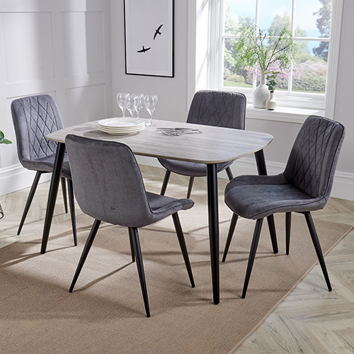 Arta Dining Table In Grey Oak With 4 Dark Grey Diamond Chairs