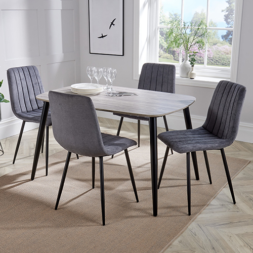 Arta Dining Table In Grey Oak With 4 Dark Grey Straight Chairs
