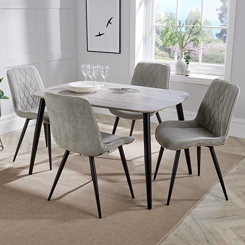 Arta Dining Table In Grey Oak With 4 Light Grey Diamond Chairs