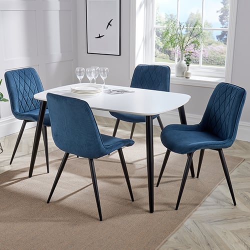 Arta Dining Table In White With 4 Blue Diamond Chairs