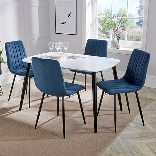 Arta Dining Table In White With 4 Blue Straight Chairs