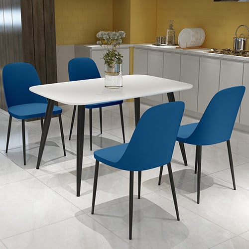 Arta Dining Table In White With 4 Curve Blue Chairs