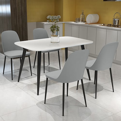 Arta Dining Table In White With 4 Curve Grey Chairs