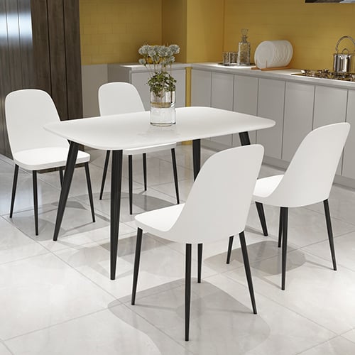 Arta Dining Table In White With 4 Curve White Chairs
