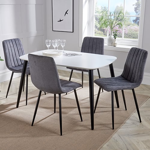Arta Dining Table In White With 4 Dark Grey Straight Chairs
