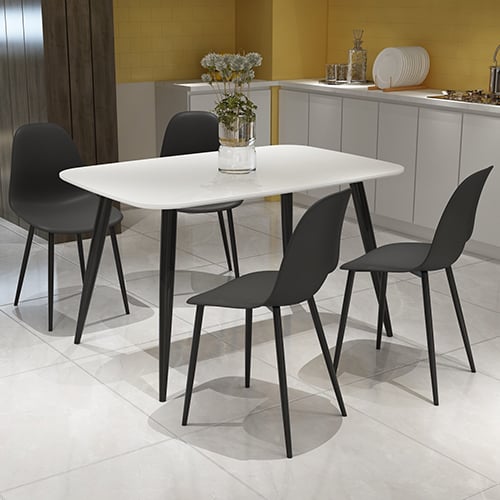 Arta Dining Table In White With 4 Duo Black Chairs