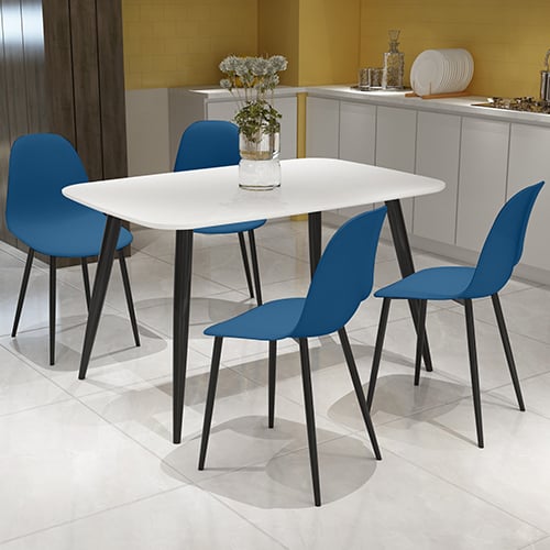 Arta Dining Table In White With 4 Duo Blue Chairs