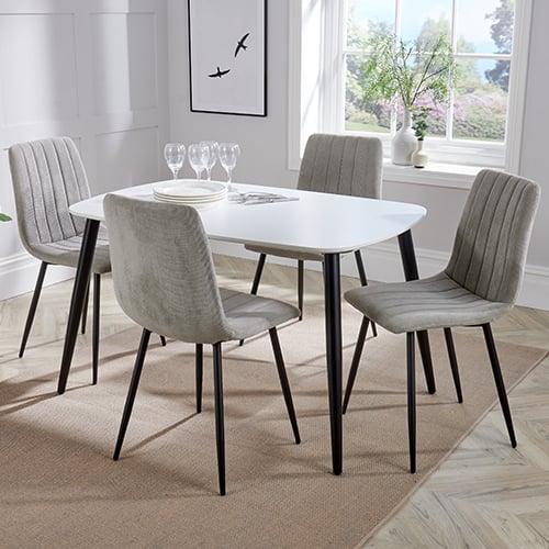 Arta Dining Table In White With 4 Light Grey Straight Chairs