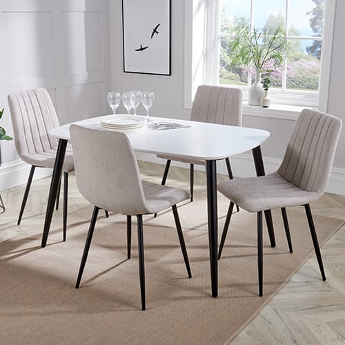Arta Dining Table In White With 4 Natural Straight Chairs
