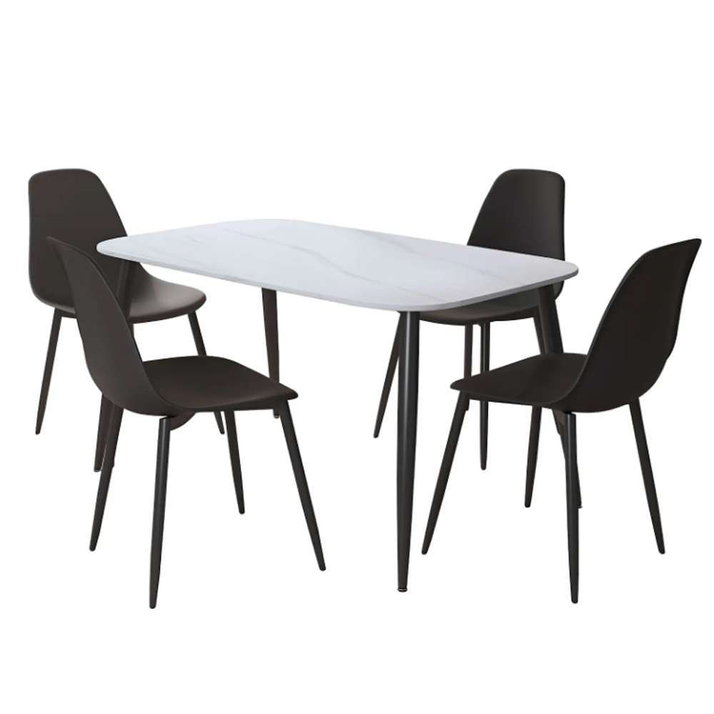 Arta Gloss White Rectangular Sintered Stone Dining Table with 4 Black Plastic Chairs