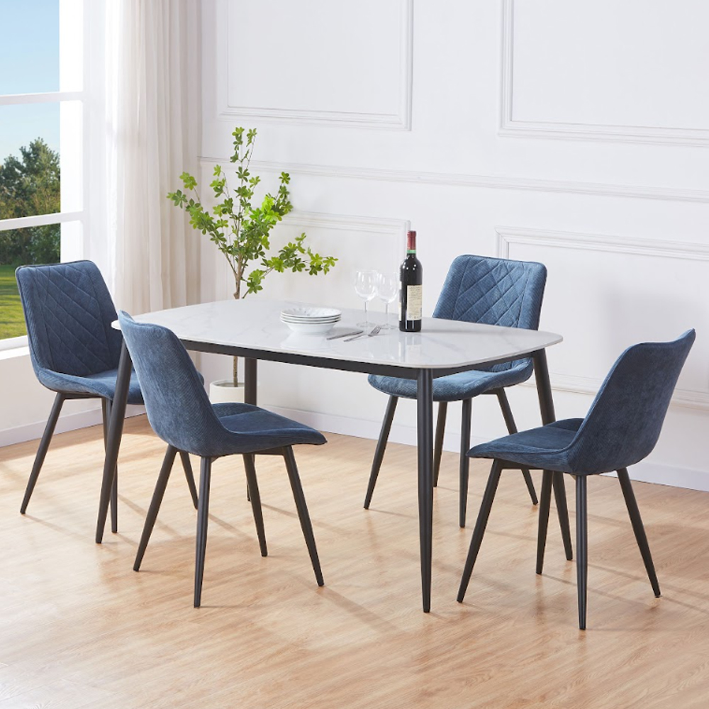 Arta Gloss White Rectangular Sintered Stone Dining Table with 4 Blue Diamond Stitch Fabric Chairs