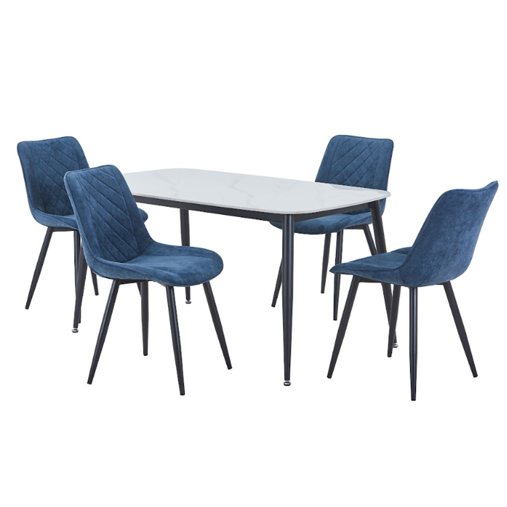 Arta Gloss White Rectangular Sintered Stone Dining Table with 4 Blue Diamond Stitch Fabric Chairs