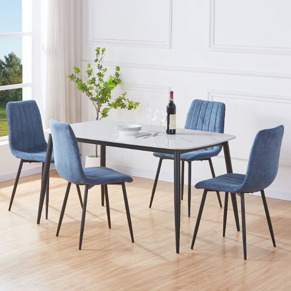 Arta Gloss White Rectangular Sintered Stone Dining Table with 4 Blue Straight Stitch Fabric Chairs