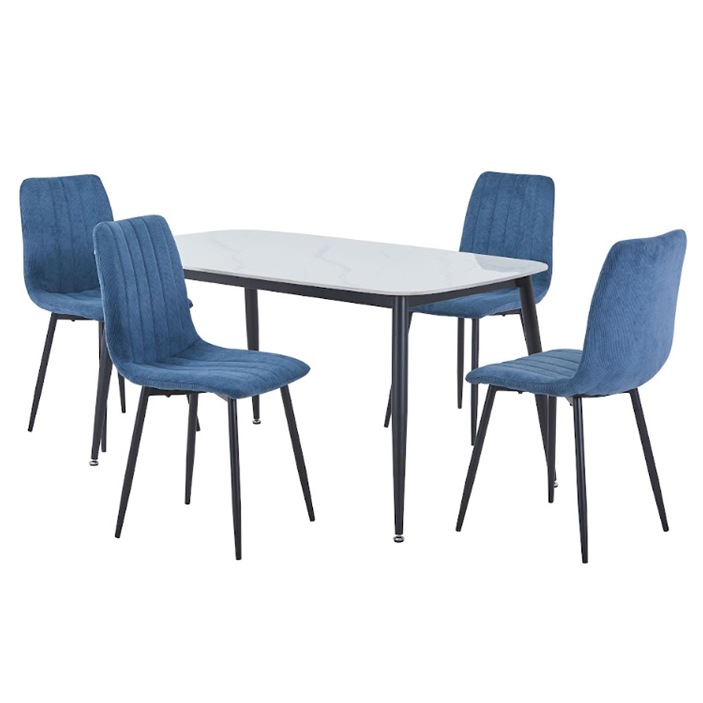 Arta Gloss White Rectangular Sintered Stone Dining Table with 4 Blue Straight Stitch Fabric Chairs