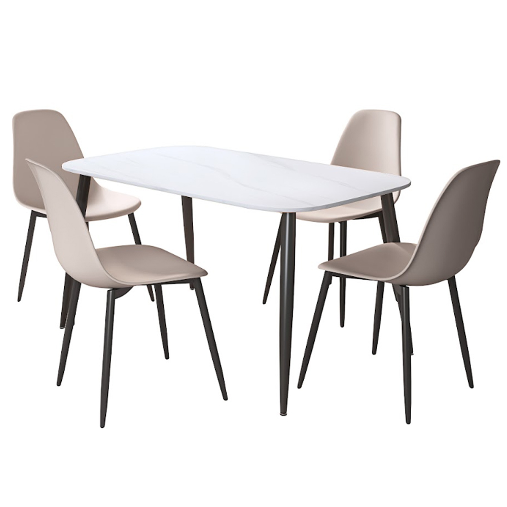 Arta Gloss White Rectangular Sintered Stone Dining Table with 4 Calico Plastic Chairs