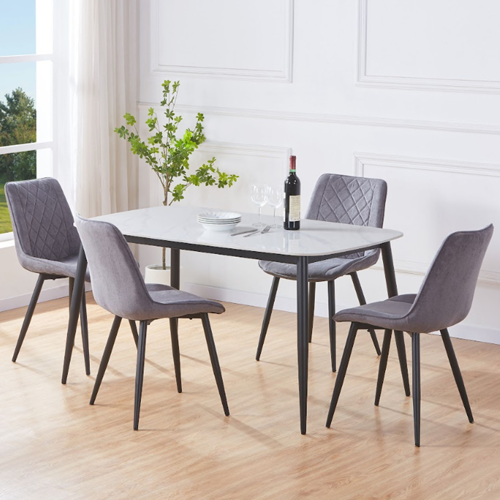 Arta Gloss White Rectangular Sintered Stone Dining Table with 4 Grey Diamond Stitch Fabric Chairs