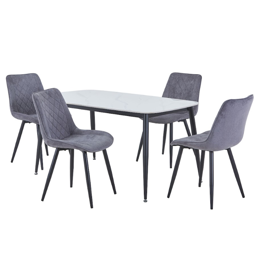 Arta Gloss White Rectangular Sintered Stone Dining Table with 4 Grey Diamond Stitch Fabric Chairs