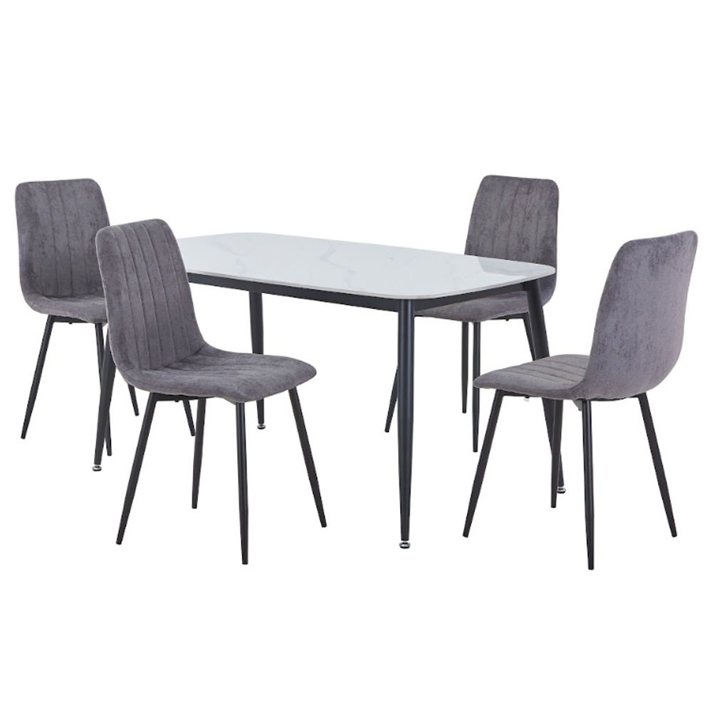 Arta Gloss White Rectangular Sintered Stone Dining Table with 4 Grey Straight Stitch Fabric Chairs