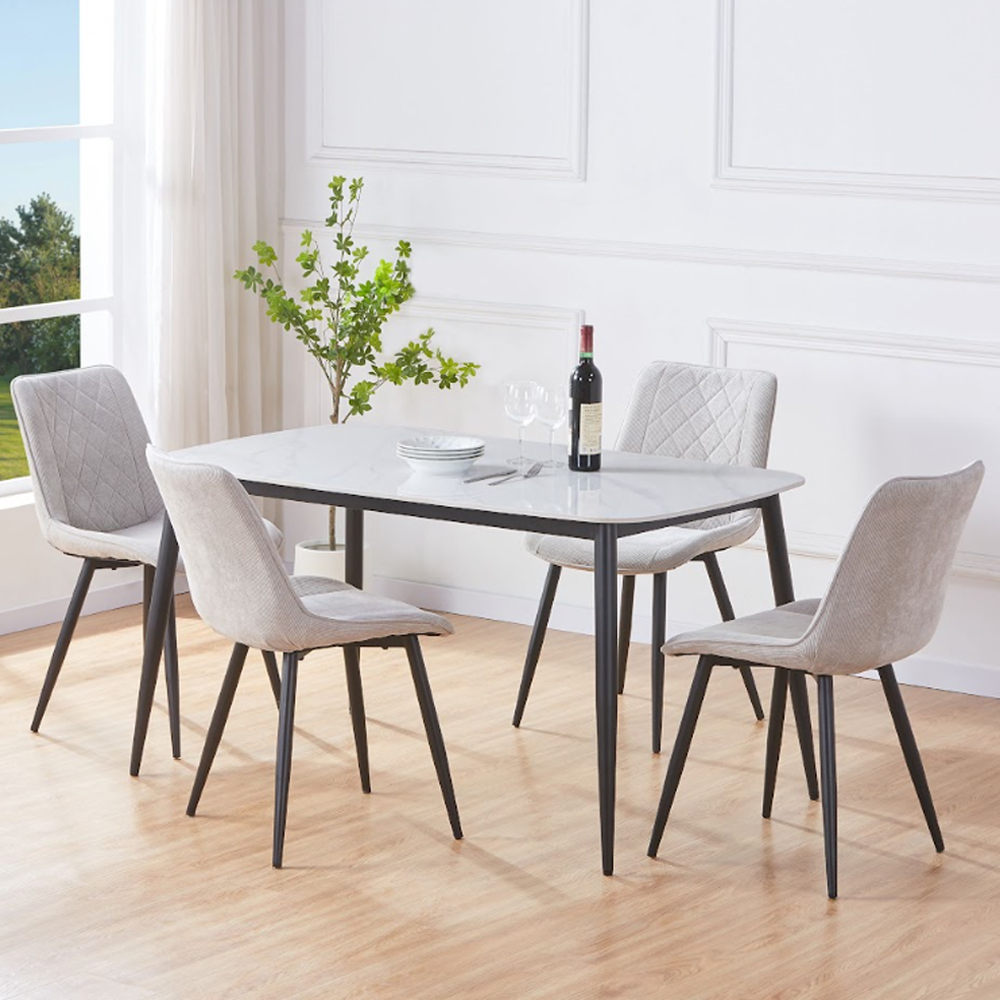 Arta Gloss White Rectangular Sintered Stone Dining Table with 4 Light Grey Diamond Stitch Fabric Chairs