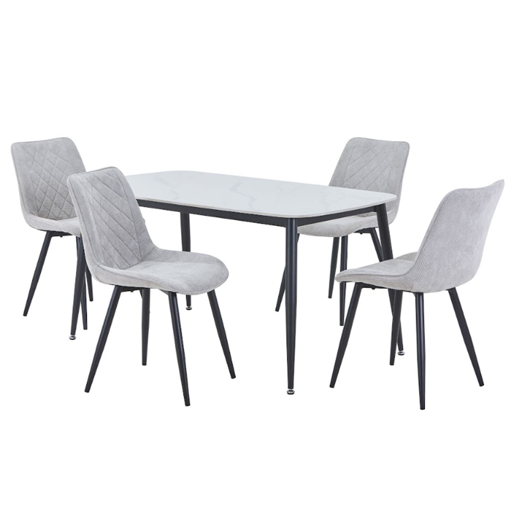 Arta Gloss White Rectangular Sintered Stone Dining Table with 4 Light Grey Diamond Stitch Fabric Chairs