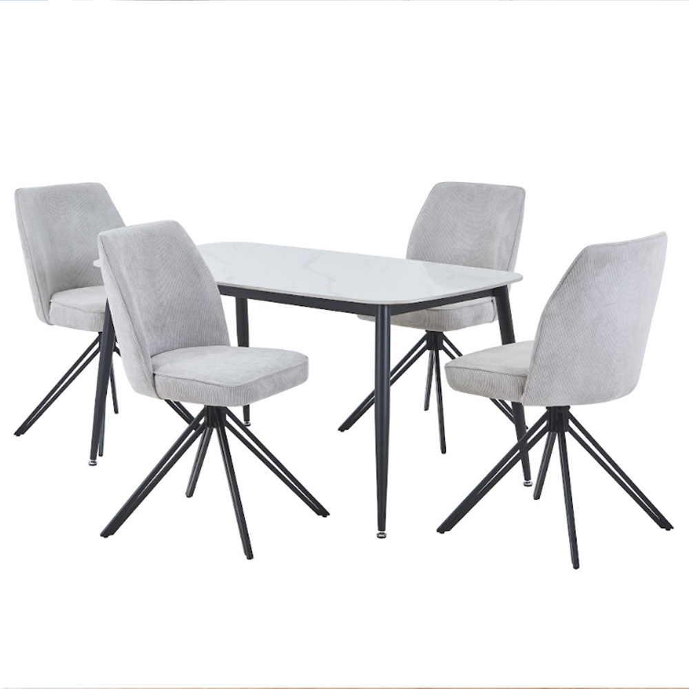 Arta Gloss White Rectangular Sintered Stone Dining Table with 4 Light Grey Fabric Chairs