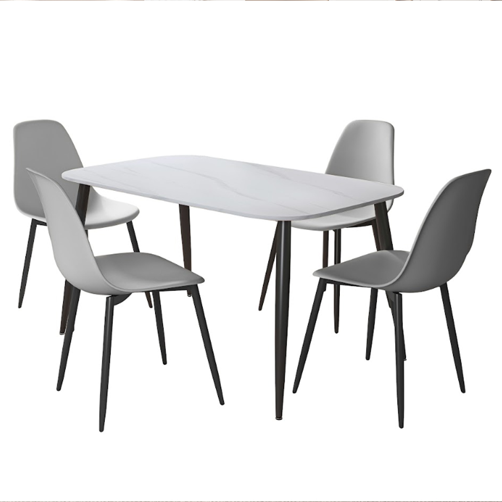 Arta Gloss White Rectangular Sintered Stone Dining Table with 4 Light Grey Plastic Chairs