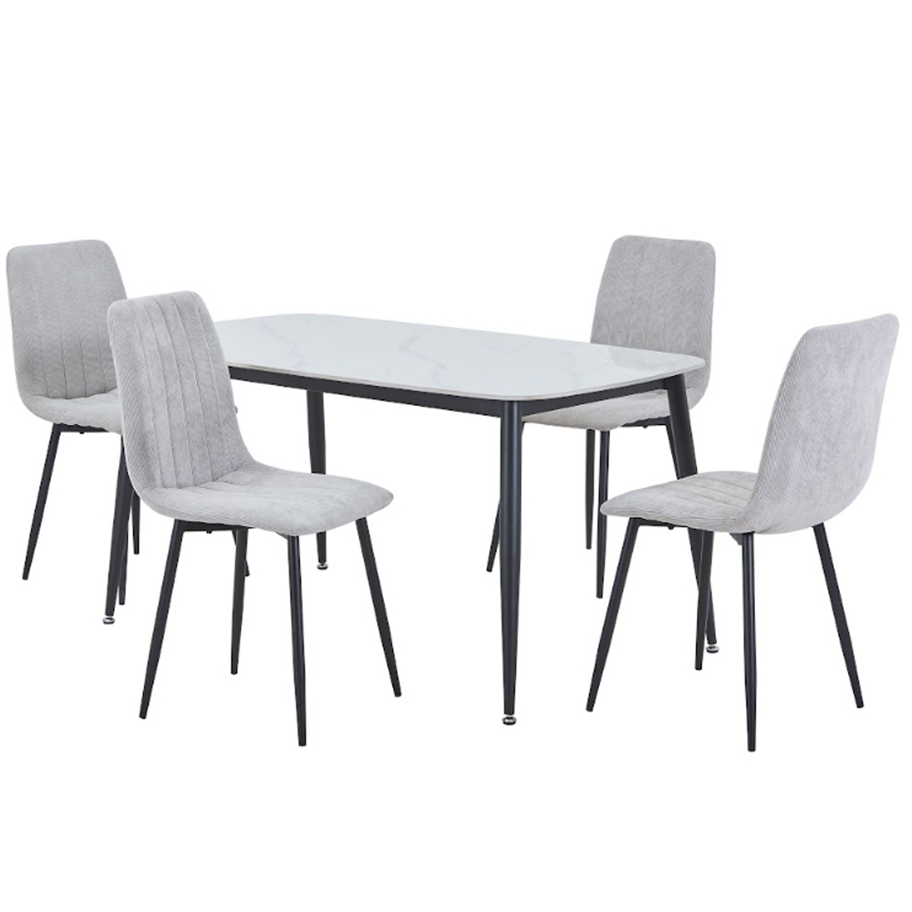 Arta Gloss White Rectangular Sintered Stone Dining Table with 4 Light Grey Straight Stitch Fabric Chairs