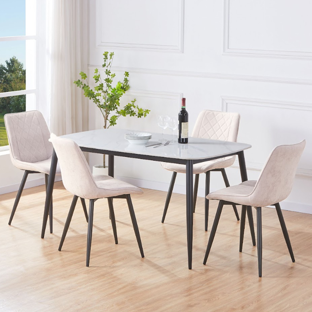 Arta Gloss White Rectangular Sintered Stone Dining Table with 4 Natural Diamond Stitch Fabric Chairs